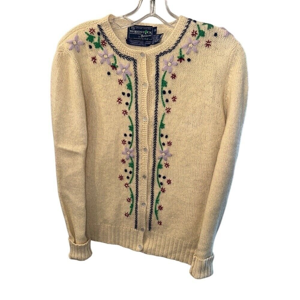 Vintage Woodstock by Bernard hand-framed and embroidered cardigan shetland wool